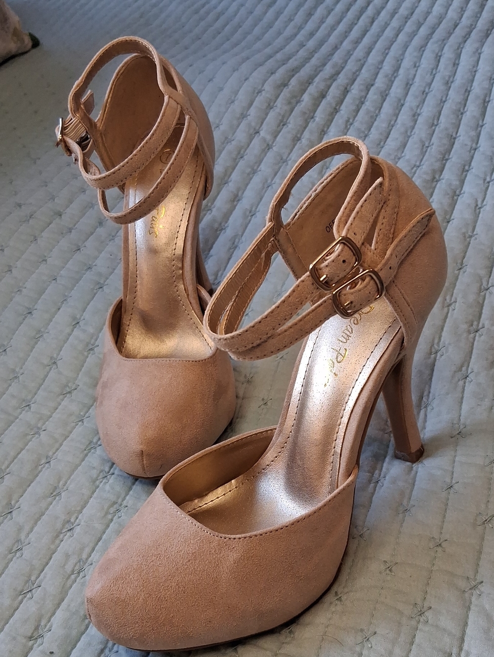 Double Ankle-Strap Women's Platform Heels in Blush Suede